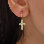 Load image into Gallery viewer, 14K Solid Gold Hoop Cross Earrings E19
