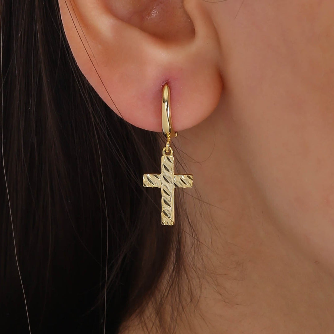 14K Solid Gold Hoop Cross Earrings E19