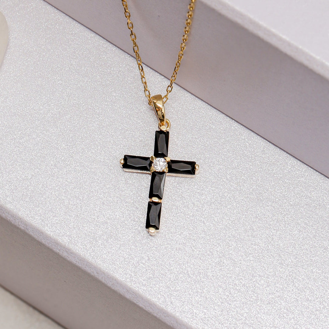 14K Solid Gold Baguette Cross Necklace K12