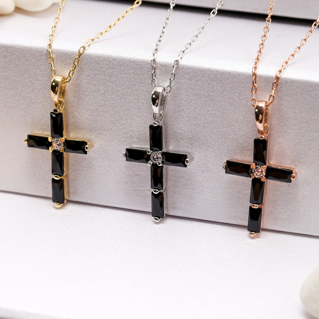 14K Solid Gold Baguette Cross Necklace K12