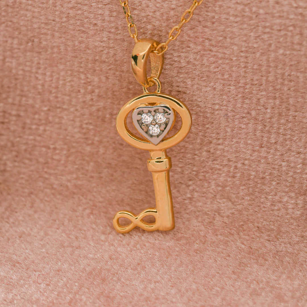 14K Solid Gold Infinity and Key Necklace K16