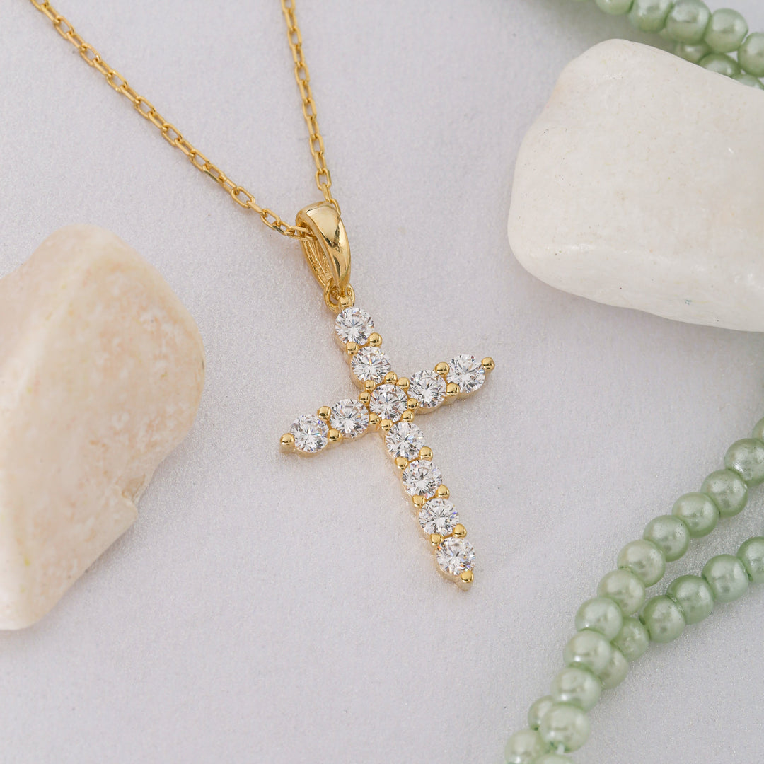 14K Solid Gold Zircon Cross Necklace K24