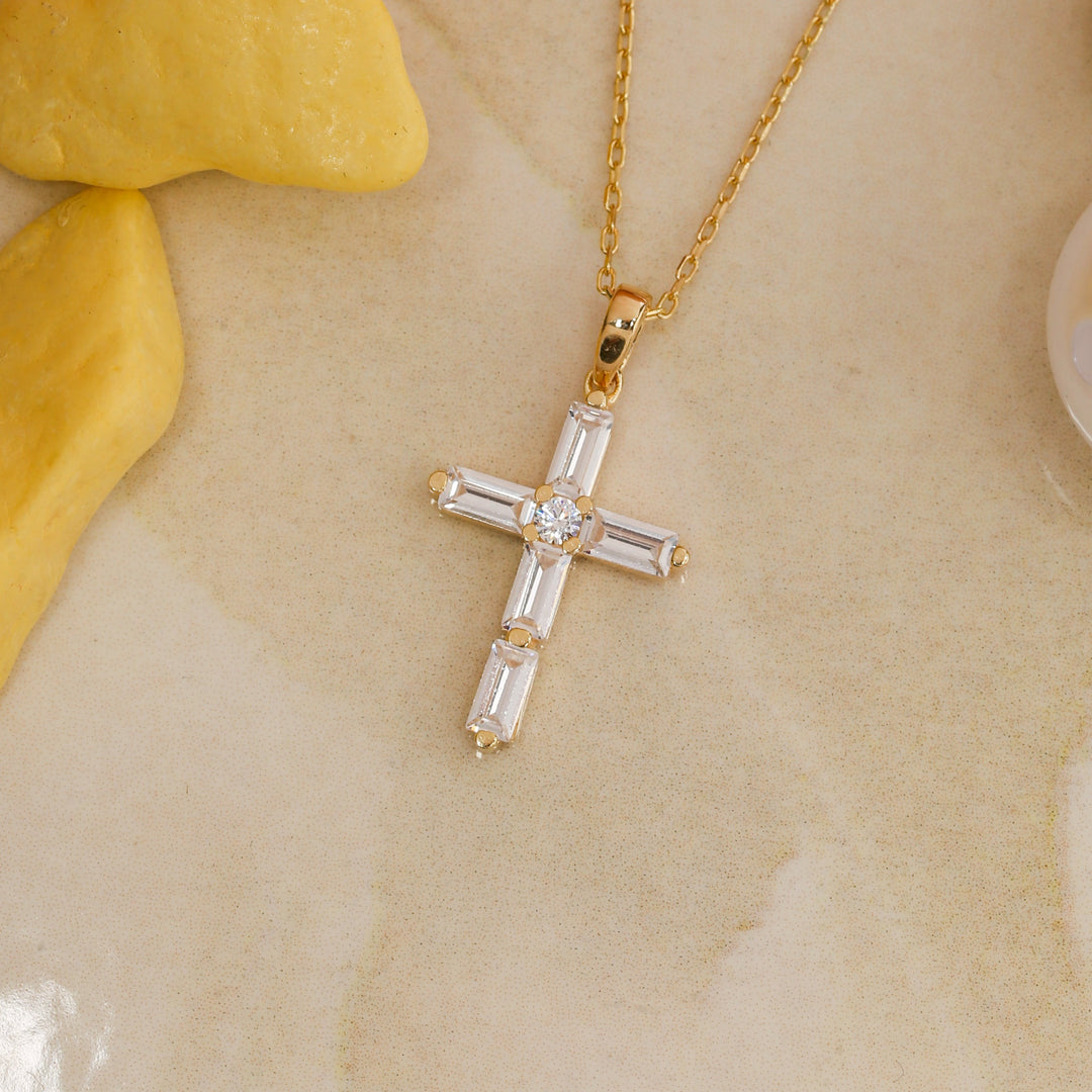 14K Solid Gold Baguette Cross Necklace K37