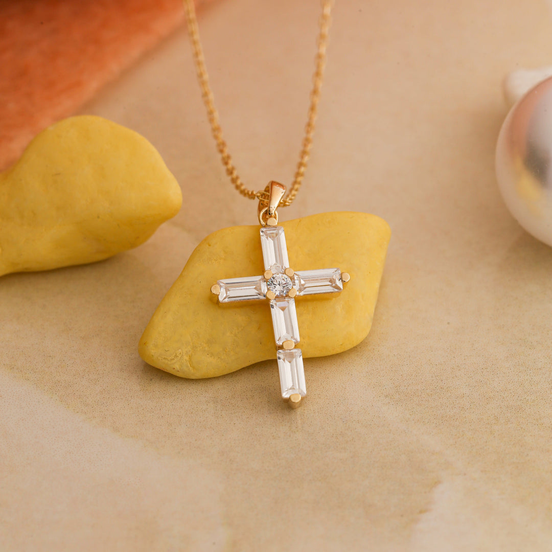 14K Solid Gold Baguette Cross Necklace K37