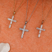 14K Solid Gold Baguette Cross Necklace K37