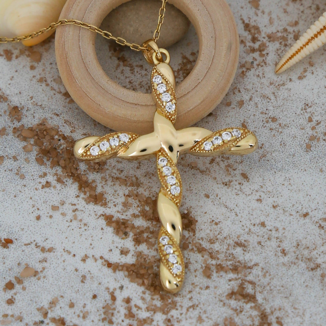 14K Solid Gold Cross Necklace K89