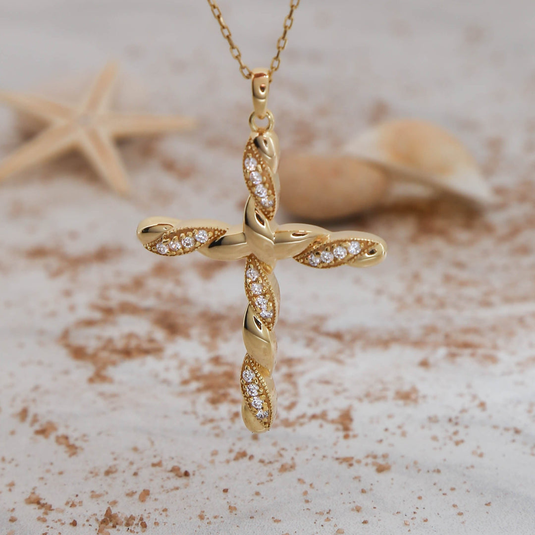 14K Solid Gold Cross Necklace K89