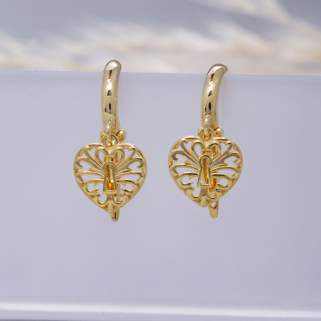 14K Solid Gold Heart Lock Earring E12