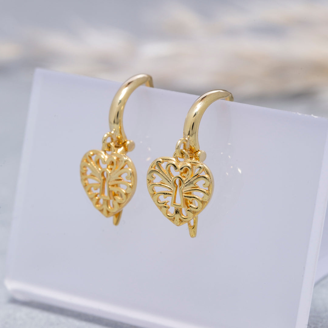 14K Solid Gold Heart Lock Earring E12