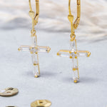 Load image into Gallery viewer, 14K Solid Gold Baguette Cross Earrings E7
