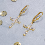 Load image into Gallery viewer, 14K Solid Gold Baguette Cross Earrings E7
