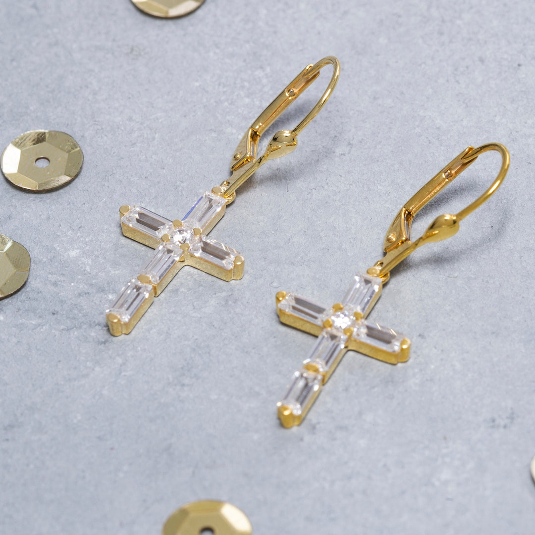 14K Solid Gold Baguette Cross Earrings E7