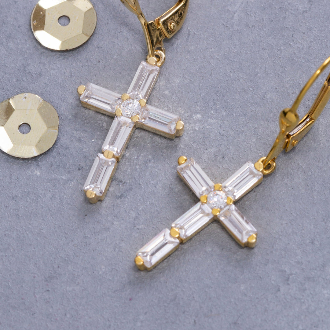 14K Solid Gold Baguette Cross Earrings E7