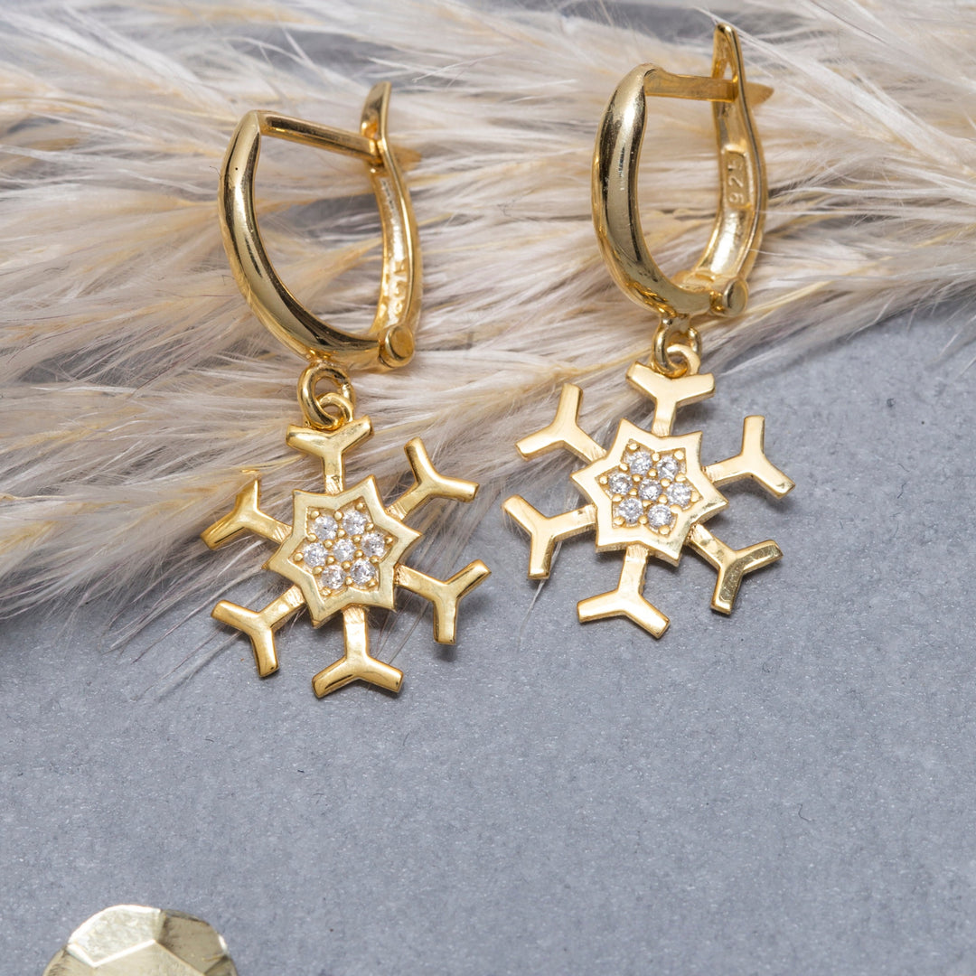 14K Solid Gold Snowflake Earrings E14