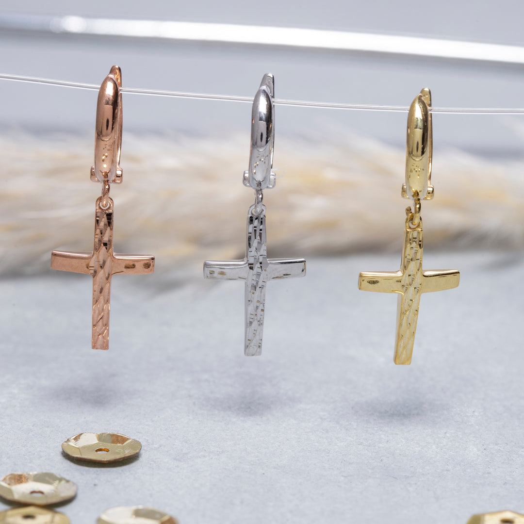 14K Solid Gold Cross Earrings E17