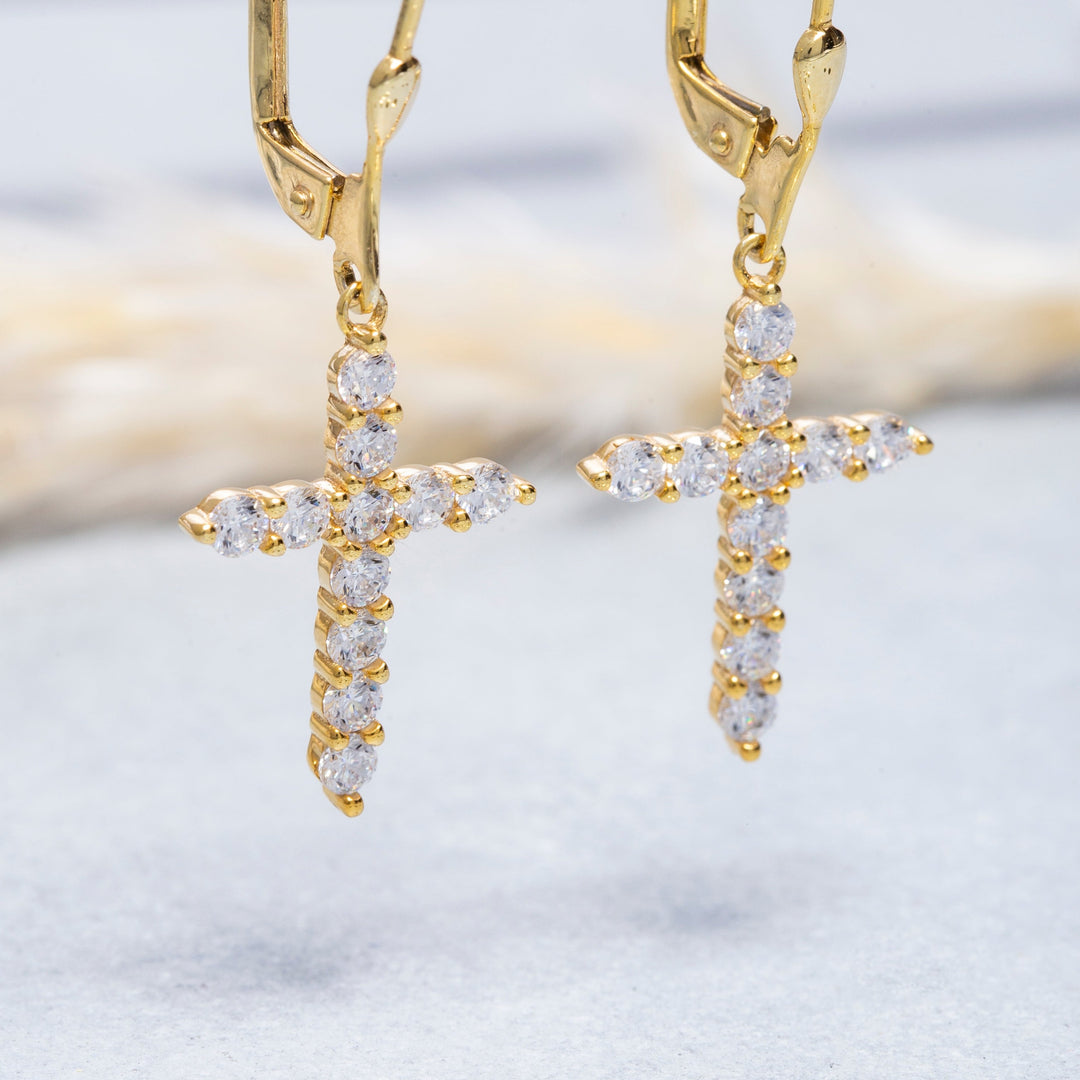 14K Solid Gold Cross Earrings E15