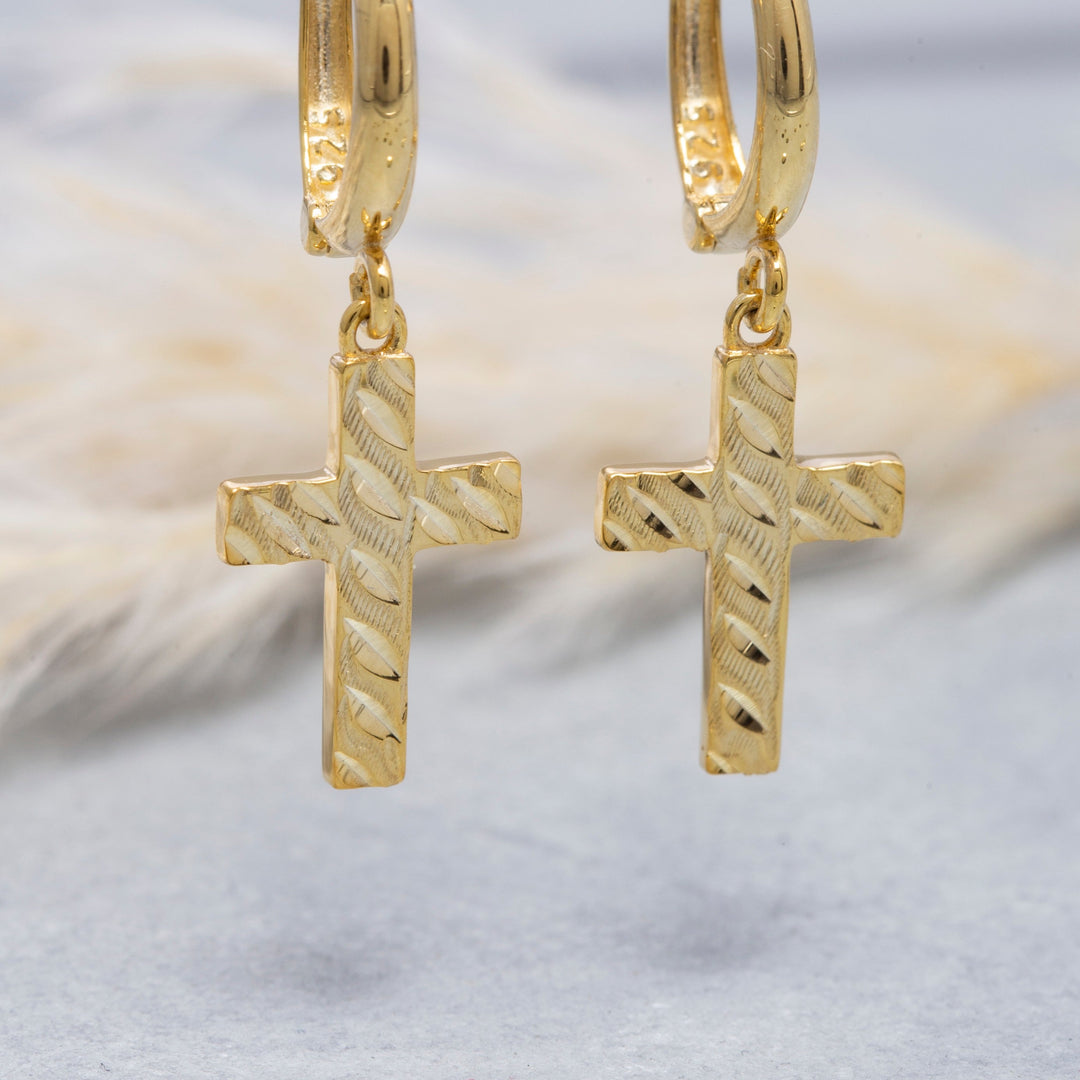 14K Solid Gold Hoop Cross Earrings E19