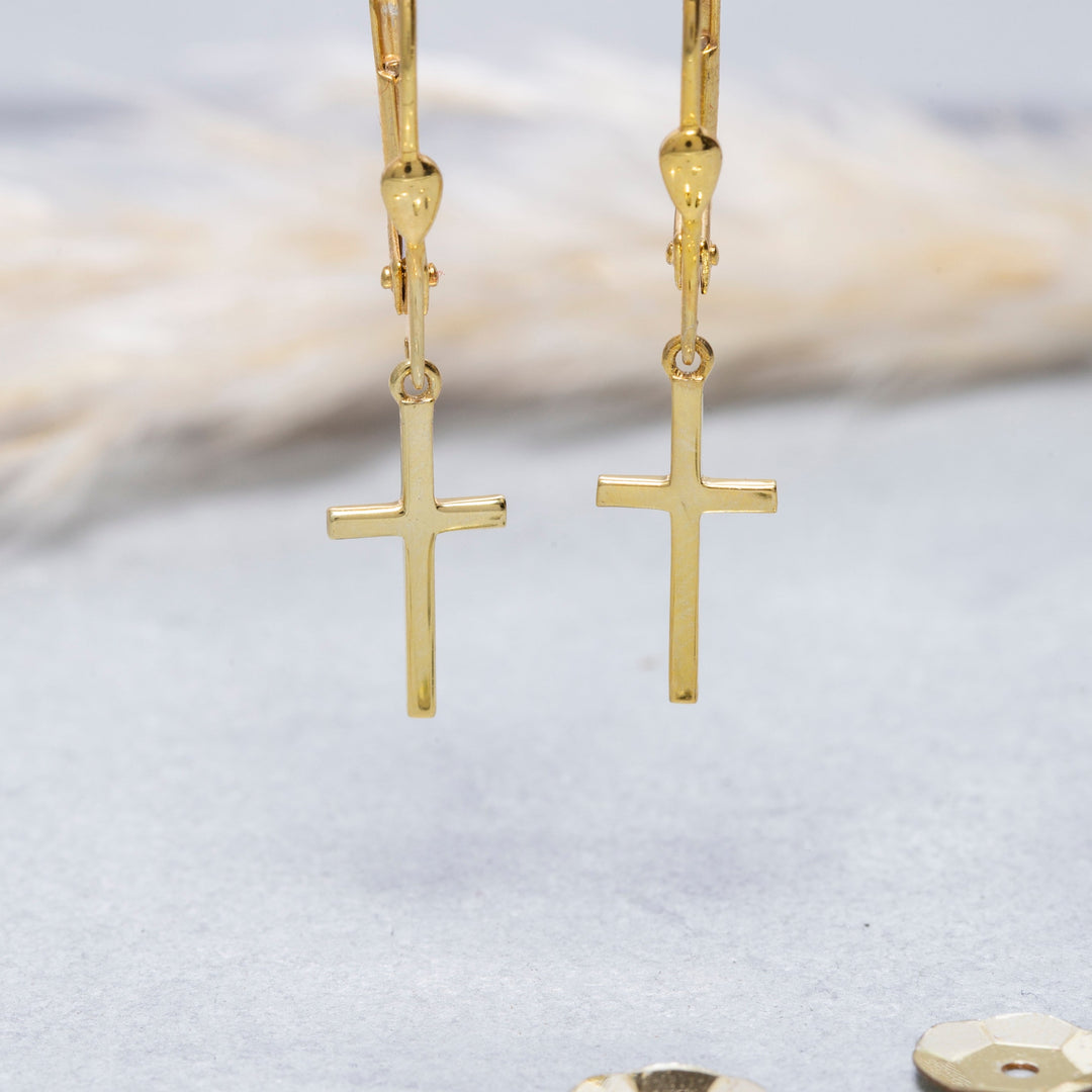 14K Solid Gold Cross Earrings E11