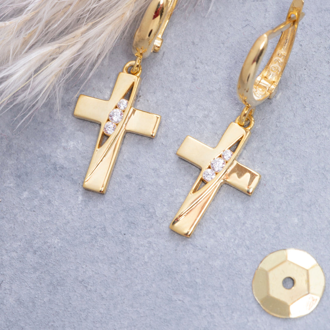 14K Solid Gold Cross Earrings E16