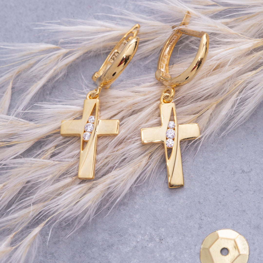 14K Solid Gold Cross Earrings E16