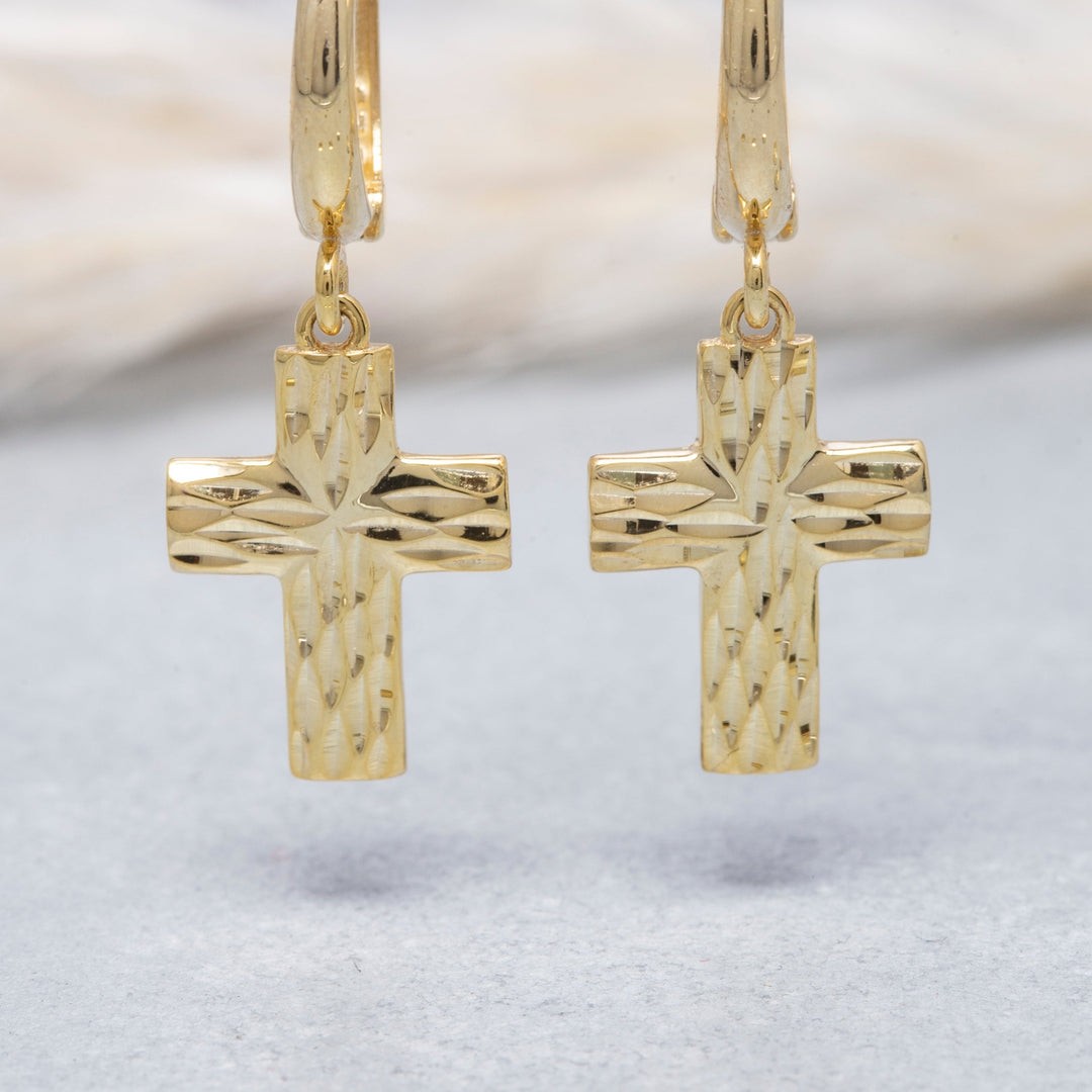 14K Solid Gold Hoop Cross Earrings E8