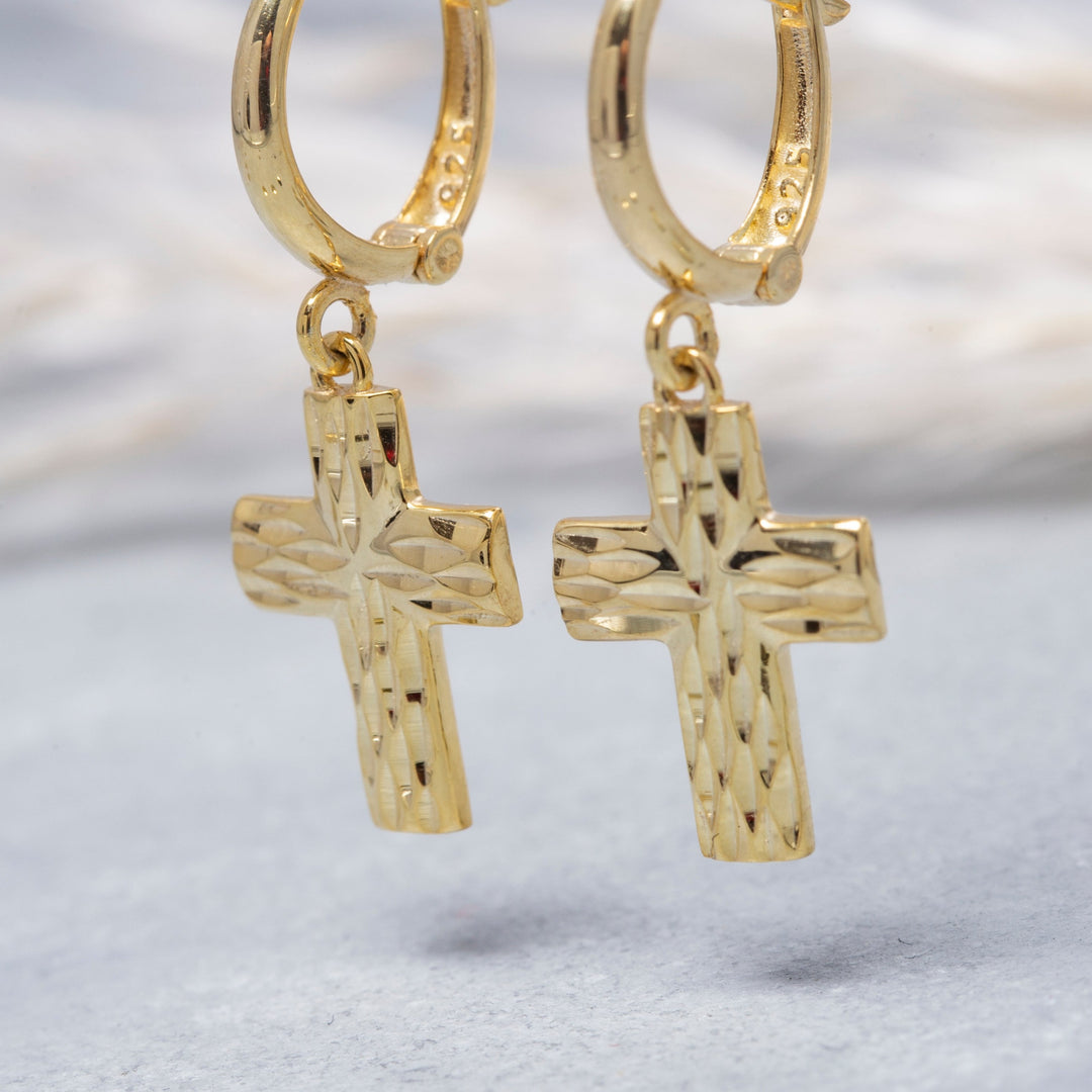 14K Solid Gold Hoop Cross Earrings E8