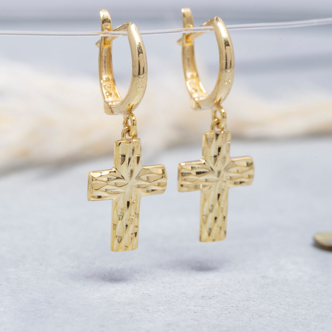 14K Solid Gold Hoop Cross Earrings E8