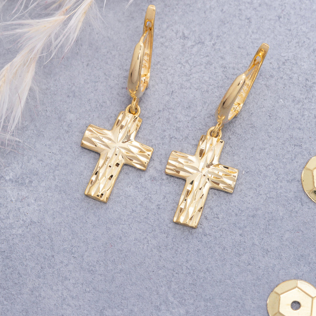 14K Solid Gold Hoop Cross Earrings E8