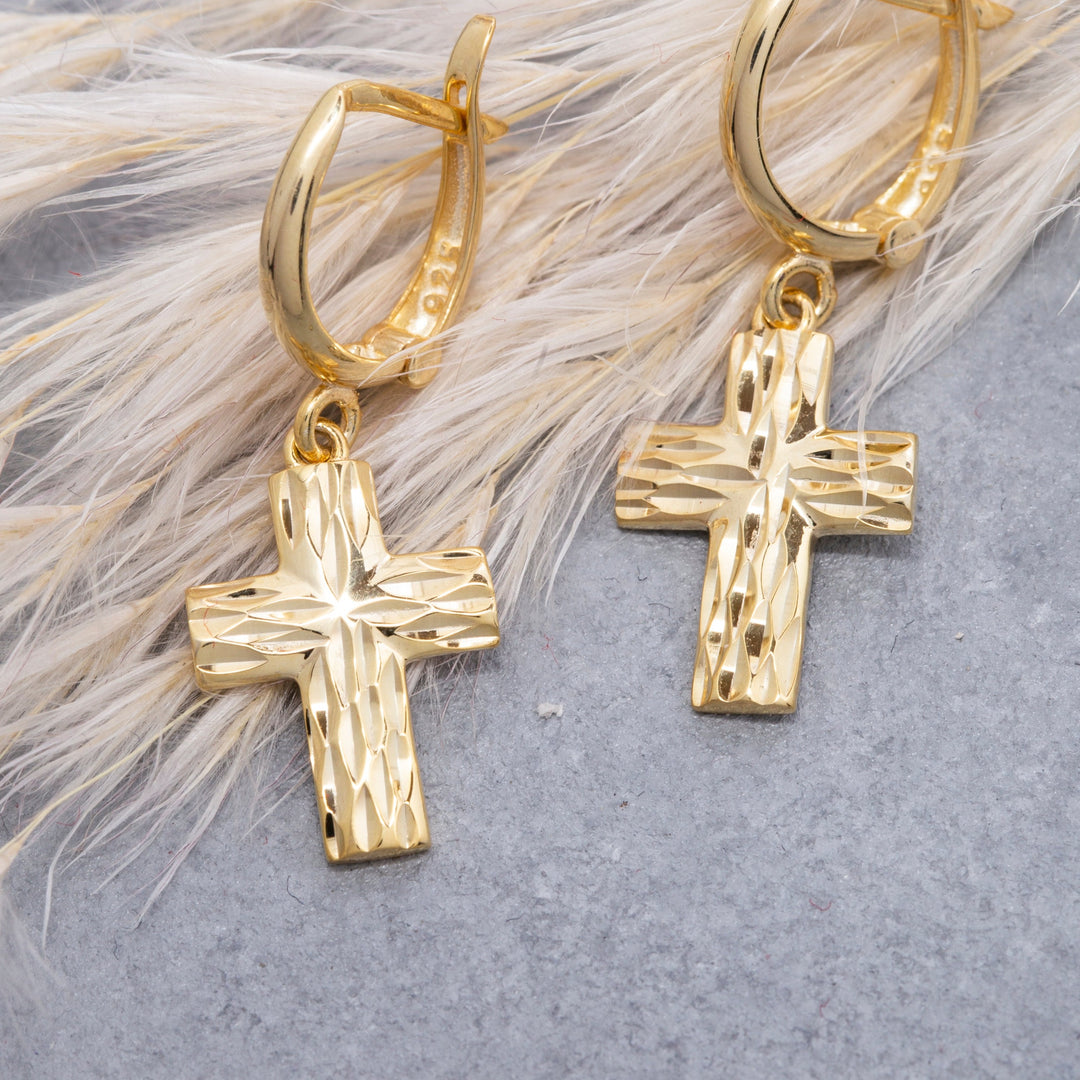 14K Solid Gold Hoop Cross Earrings E8