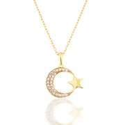14K Solid Gold Moon Star Necklace K130