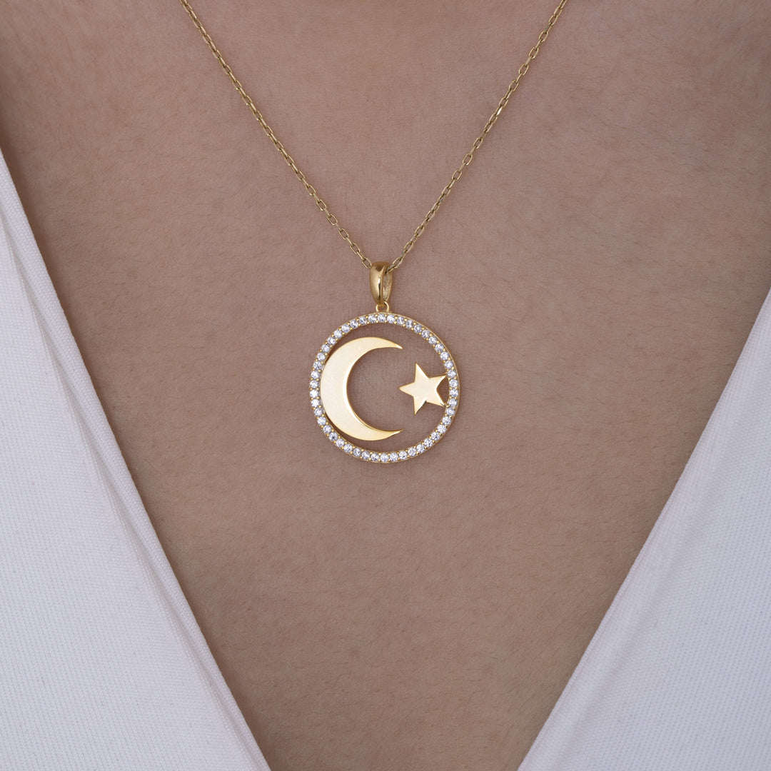 14K Solid Gold Moon Star Necklace K96