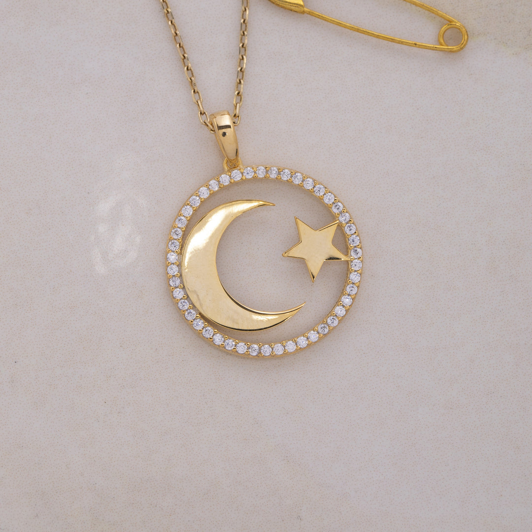 14K Solid Gold Moon Star Necklace K96