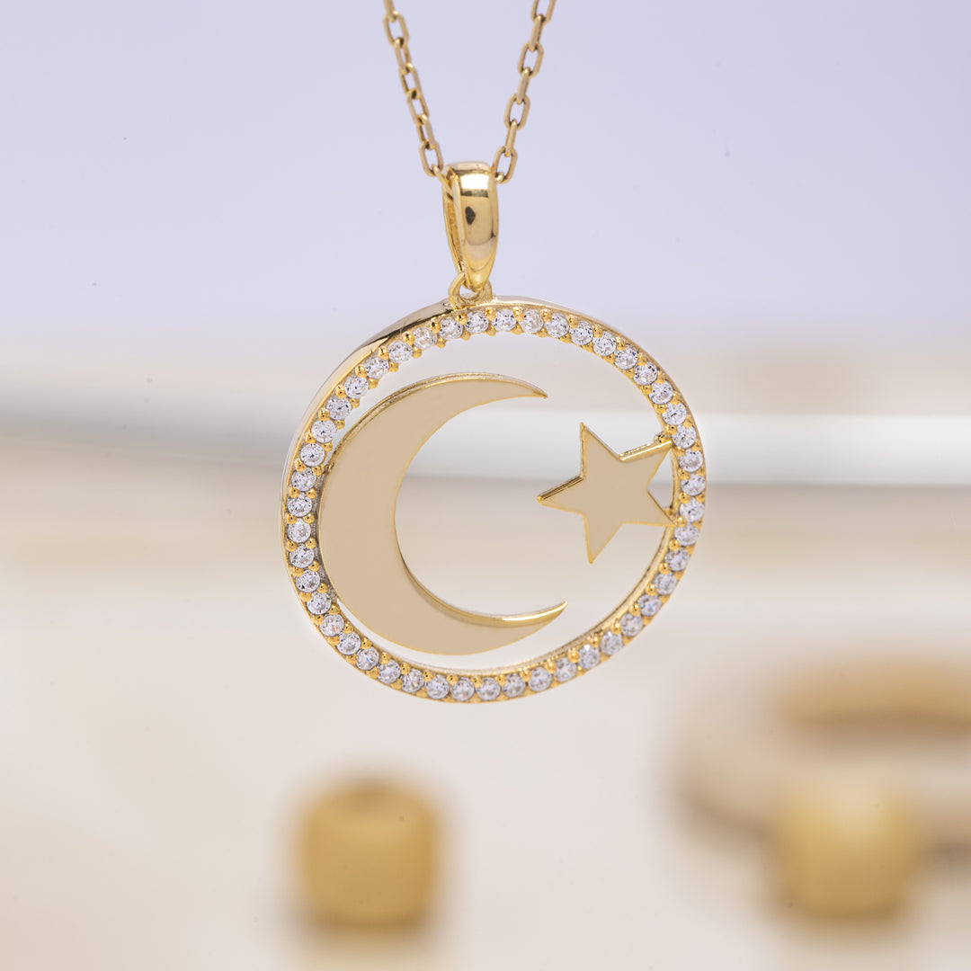 14K Solid Gold Moon Star Necklace K96