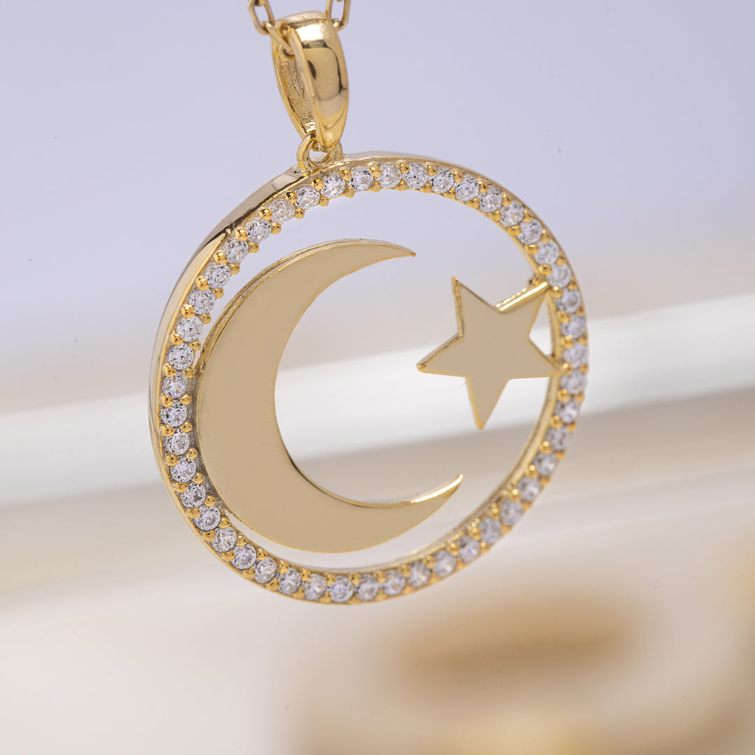 14K Solid Gold Moon Star Necklace K96